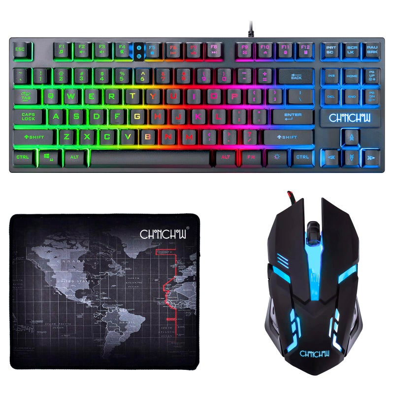 CHONCHOW 87 Keys TKL Gaming Keyboard and Mouse Combo, Wired LED Rainbow Backlit Keyboard 800-3200 DPI RGB Mouse, Gaming for PS4 Xbox PC Laptop Mac - Image 1